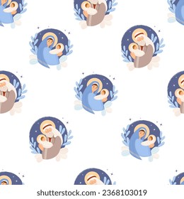 Christmas seamless pattern. Holy family. saint Virgin Mary and Joseph with divine baby Jesus Christ on white background. vector illustration for Xmas design, wallpaper, decor, print, packaging
