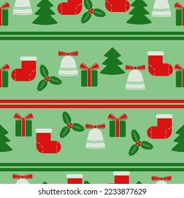 Christmas seamless pattern with horizontal stripes and holiday symbols vector illustration