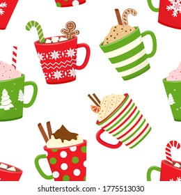 Christmas seamless pattern with hot chocolate, cocoa, cartoon mugs with holiday drinks. Vector illustration