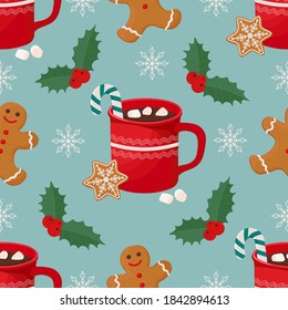 Christmas seamless pattern with hot chocolate and gingerbread. Vector cartoon illustration