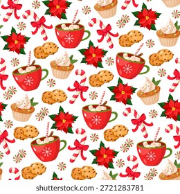 Patrón sin fisuras de Navidades con tazas de chocolate caliente, bastones de caramelo, galletas de chocolate, cupcakes, flores de Poinsettia, piruletas coloridas sobre fondo blanco, Ilustración vectorial festiva de dulces de invierno.