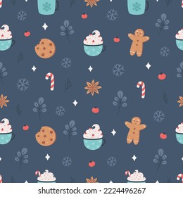 Christmas seamless pattern with hot drinks, cookies, lollipop, cinnamon. Merry Christmas. Hand drawn vector illustration