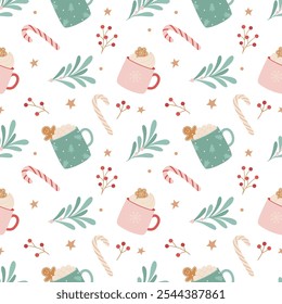 Christmas seamless pattern with hot drinks, sweets and winter plants