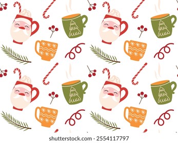 Christmas seamless pattern with hot drinks, candy cane, fir branch. Vector for background, textile, wrapping paper, wallpaper