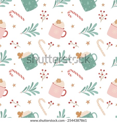 Christmas seamless pattern with hot drinks, sweets and winter plants