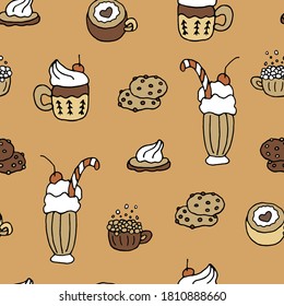 Christmas Seamless pattern hot winter drinks.pattern  x-mas beverages.Seamless pattern of coffee,pattern for coffee shop wrapping paper,packing, hot drinks, new year drinks,hot winter drinke