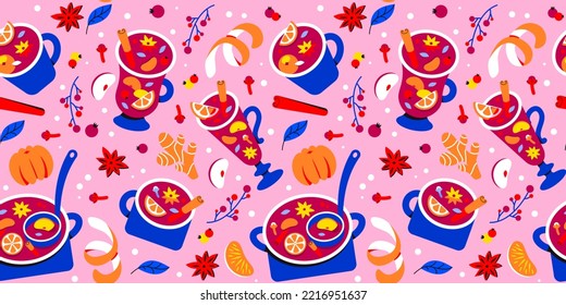 Christmas seamless pattern of hot winter drinks mulled wine. background, gift wrapping, textile print