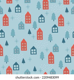 Christmas seamless pattern with house, fir trees, snowflakes on blue background. Perfect for winter greeting card, New Year decoration, wallpaper, wrapping paper, fabric. Vector illustration