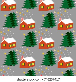 Christmas seamless pattern with house and Santa Claus in the chimney