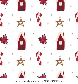 Weihnachten nahtloses Muster mit Haus, Baum, Mistelen, Süßigkeiten, Stern und Poinsettia. Vektorgrafik.
