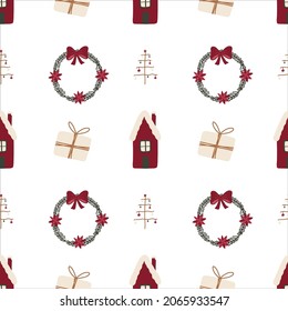 Navidad sin fisuras con la casa, el árbol, la corona, el mistletoe y el regalo. Gráfico vectorial.