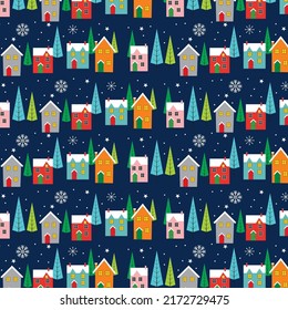 Christmas seamless pattern with christmas house and tree