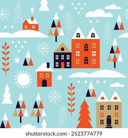 Christmas seamless pattern with houses and decorative design elements, geometric flat style, blue colors