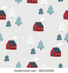 Christmas seamless pattern with houses, fir trees and snowflakes on grey background. Perfect for winter holidays, New Year, Xmas greeting cards. Vector illustration