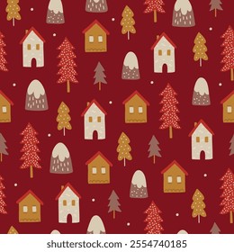 Christmas seamless pattern with houses, fir trees, mountains and snowflakes on dark red background. Perfect for wallpaper, gift paper, winter greeting cards. Vector illustration