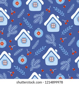 Christmas seamless pattern with houses, pine branches, balls and berries on blue background. Perfect for holiday invitations, wrapping paper, greeting cards.