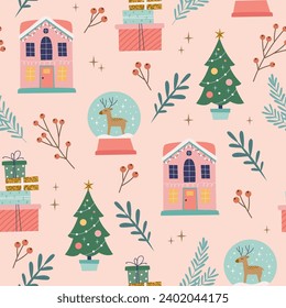 Christmas seamless pattern with houses, snowballs and trees. Seasonal winter design. Cute vector illustration in flat cartoon style