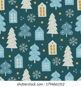 Christmas seamless pattern with houses, snowflakes, fir trees, snowflakes on dark green background. Perfect for winter holidays, gift paper, wallpaper, New Year greeting cards. Vector illustration