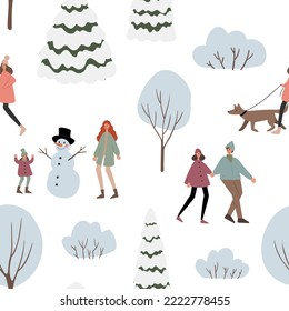 Christmas seamless pattern with houses and snowy trees, People in winter park digital paper, Vector illustration clipart in flat cartoon style.