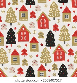Natal padrão sem emenda com casas, estrelas, abetos árvores no fundo branco. Perfeito para papel de parede, papel de presente, cartões comemorativos de inverno. Ilustração vetorial