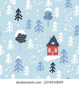 Christmas seamless pattern with houses and christmas tree. Hand drawn vector illustration. Holiday endless texture for wrapping paper, textile, fabric design.