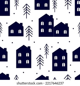 Christmas seamless pattern. Houses and Christmas trees. Ideal for wrapping paper, packaging.