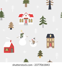 Christmas seamless pattern with houses and trees. Winter landscape. Vector illustration