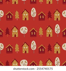 Christmas seamless pattern with houses and trees on red background. Perfect for wallpaper, gift paper, winter greeting cards. Vector illustration