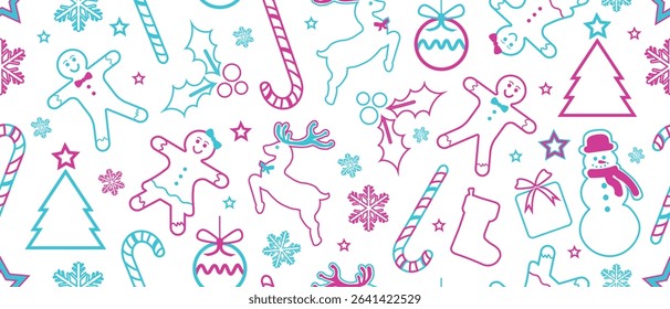 Christmas Seamless Pattern. Huge Christmas and New year Holiday Repeatable Pattern. Decorative Neon Colors Texture for Wallpaper, Gift Wrapping paper, Card or Banner Template or Fabric Textile Prints.