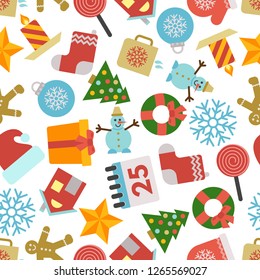 Christmas Seamless Pattern with icons in flat style. Vector illustration