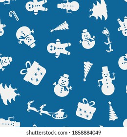 Christmas seamless pattern of icons on blue background in flat style. Vector illustration