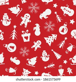 Christmas seamless pattern of icons on red background in flat style. Vector illustration