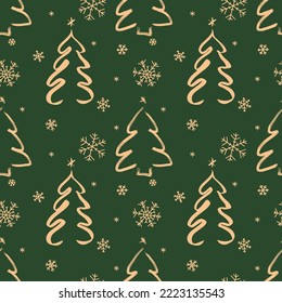 Christmas seamless pattern icons on red background with decorative Christmas trees and snowflakes. vector