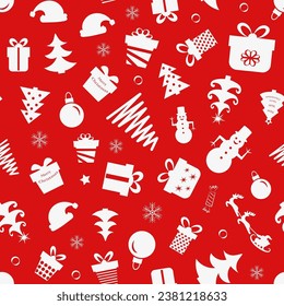 Christmas seamless pattern of icons on red background in flat style.