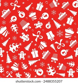 Christmas seamless pattern of icons on red background in flat style.