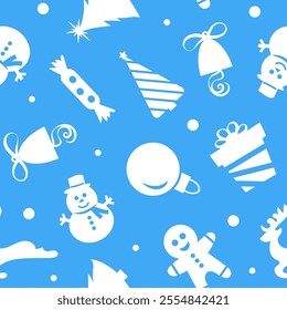 Christmas seamless pattern of icons on blue background in flat style. Vector illustration.