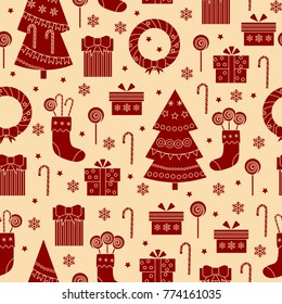 Christmas seamless pattern icons on white background. One color print. Vector