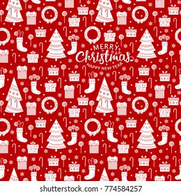 Christmas seamless pattern icons on red background. One color print. Vector