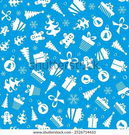 Christmas seamless pattern of icons on blue background in flat style.