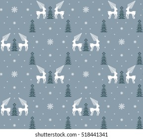 Christmas seamless pattern. Ideal for wrapping paper. Scandinavian folk decor - deer, snow flake and tree. Nordic ornament. White pixel images with light and dark blue background. Vector eps file.