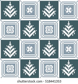 Christmas seamless pattern. Ideal for wrapping paper. Scandinavian folk decor - snow flake and tree. Nordic ornament. White pixel images with light and dark blue background. Vector eps file.