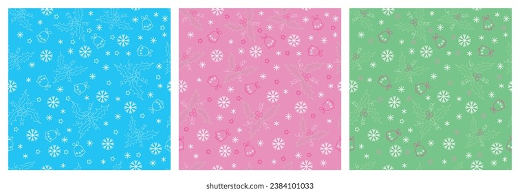 Christmas seamless pattern with ilex leaves and berries, bells, snowflakes, stars, streamers and color background for card, wrapping paper, wallpaper or other. Vector illustration. Set. Not AI created