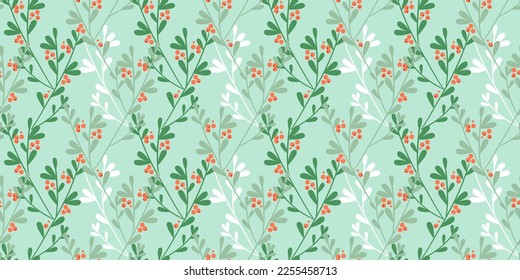 Ilustración de patrones sin fisuras de Navidad. Mistletoe planta decoración de vacaciones fondo estilo retro caricatura. Textura antigua de adorno de invierno, tapicería floral para el evento navideño.