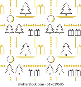 Christmas seamless pattern. Illustration of Christmas trees, gifts and decorations. Minimal graphic vector illustration