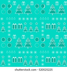 Christmas seamless pattern. Illustration of Christmas trees, gifts and decorations. Minimal graphic vector illustration