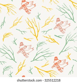 Christmas seamless pattern image bird, knitted hat, scarf, tree branches