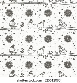 Christmas seamless pattern image birds, bullfinches, knitted hat, scarf, tree branch, orange, snow