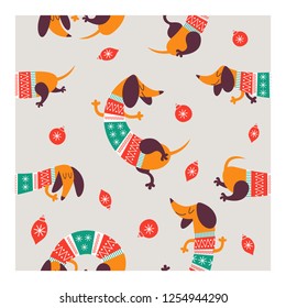 Christmas seamless pattern with image cartoon dogs dachshund in striped jersey. Vector illustration.