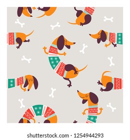 Christmas seamless pattern with image cartoon dogs dachshund in striped jersey. Vector illustration.