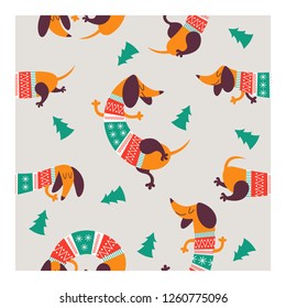 Christmas seamless pattern with image cartoon dogs dachshund in striped jersey. Vector illustration.
